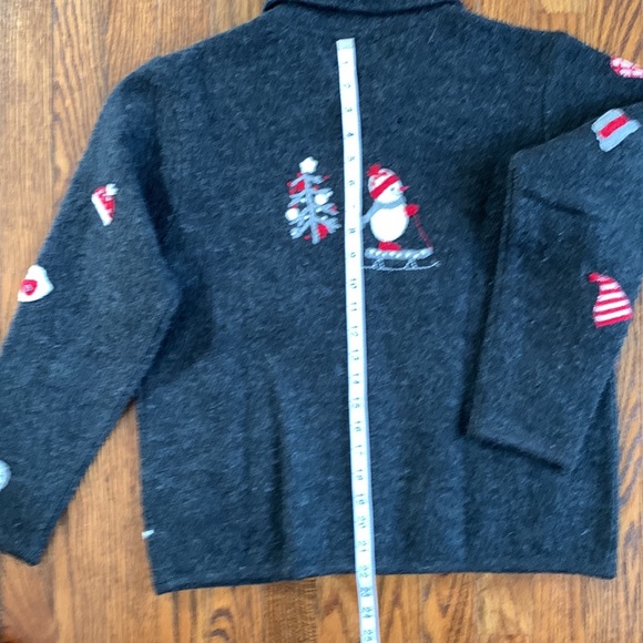 TALBOTS | Snowman Holiday Zippered Cardigan, Charcoal Grey w/ Appliqués | Sz M - Picture 4 of 12